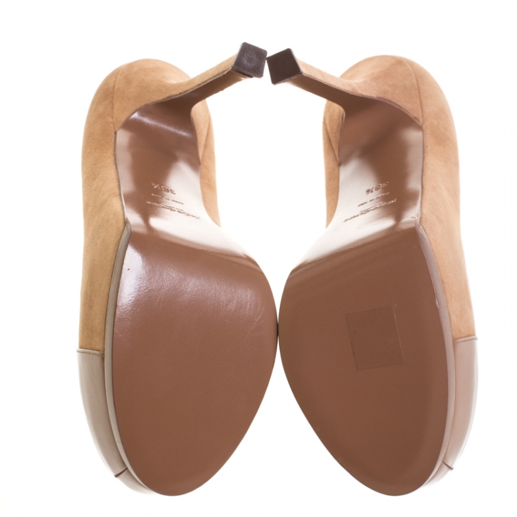 Pre Owned Saint Laurent Paris Brown Suede And Patent Leather Tribtoo Platform Pumps Size 38.5