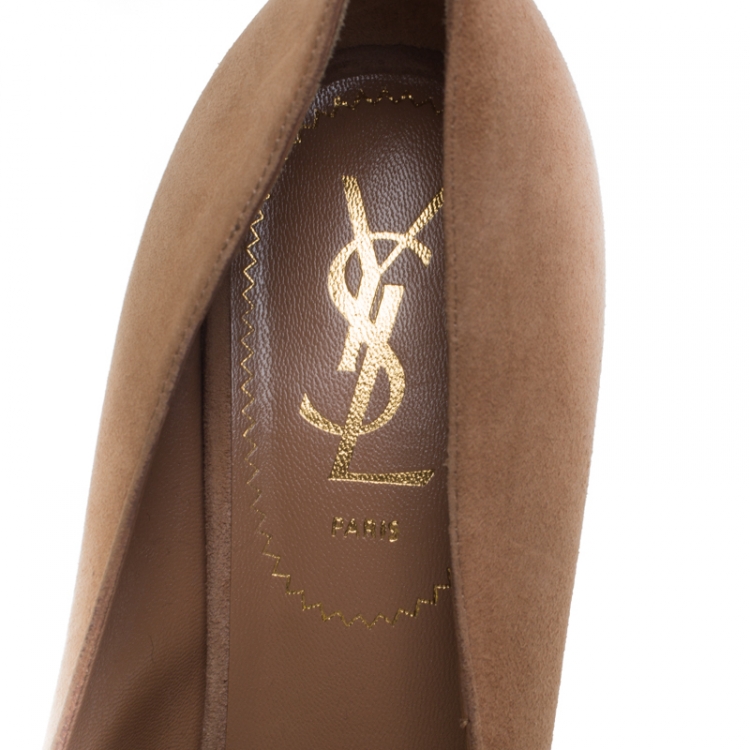 Pre Owned Saint Laurent Paris Brown Suede And Patent Leather Tribtoo Platform Pumps Size 38.5