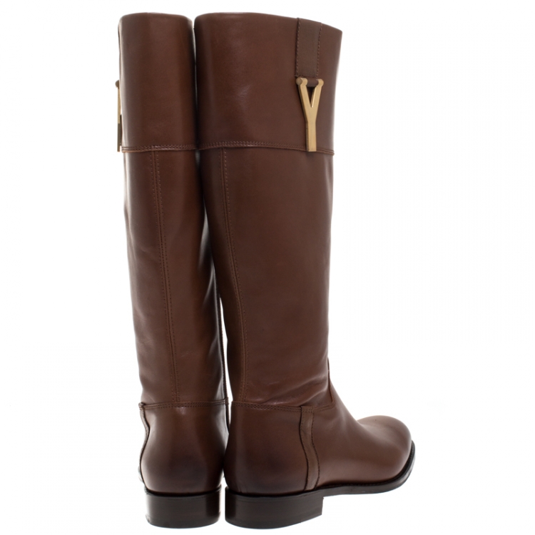 Pre Owned Saint Laurent Paris Brown Leather Chyc Knee High Boots Size 39.5