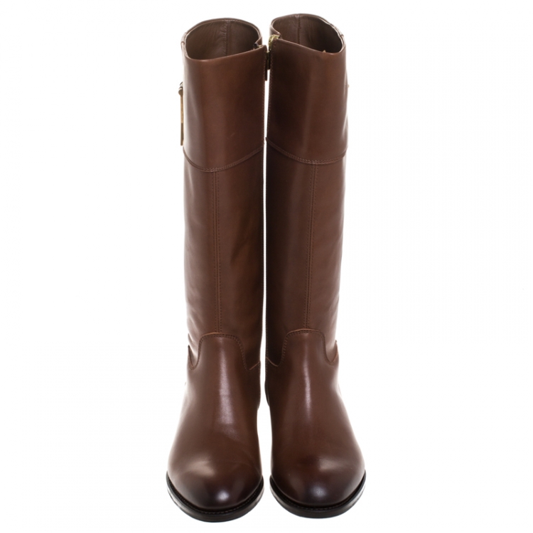 Pre Owned Saint Laurent Paris Brown Leather Chyc Knee High Boots Size 39.5
