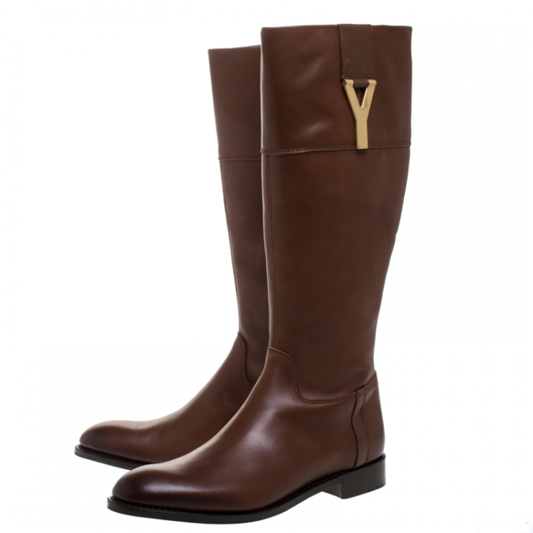 Pre Owned Saint Laurent Paris Brown Leather Chyc Knee High Boots Size 39.5