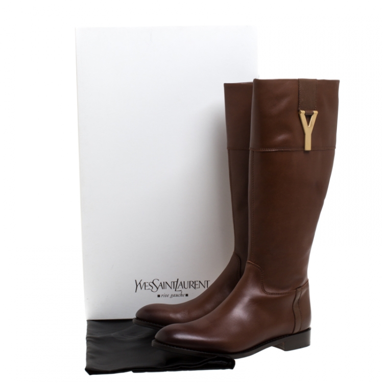 Pre Owned Saint Laurent Paris Brown Leather Chyc Knee High Boots Size 39.5