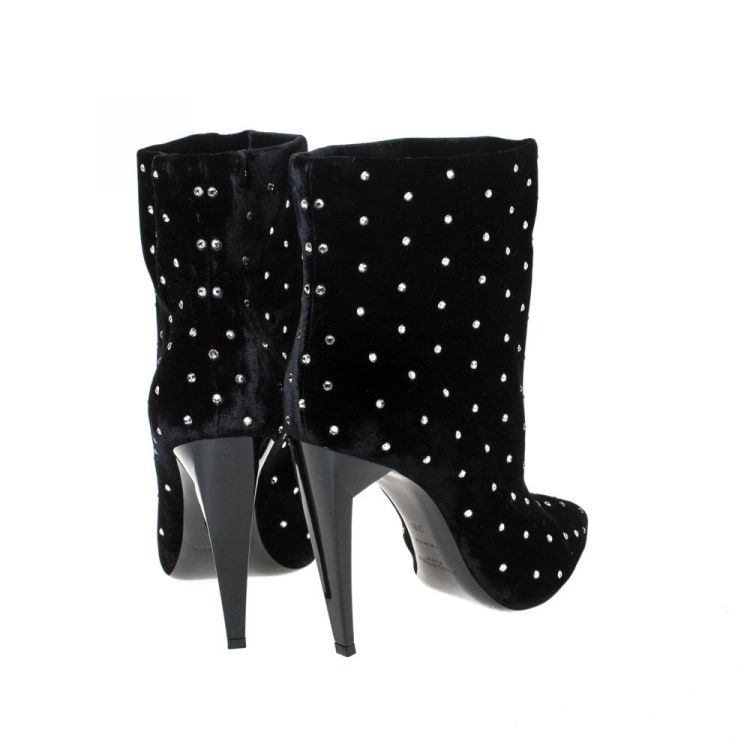 Pre Owned Saint Laurent Black Crystal Embellished Velvet Freja Ankle Boots Size 38