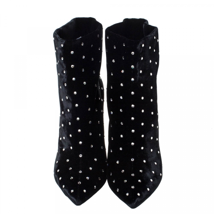 Pre Owned Saint Laurent Black Crystal Embellished Velvet Freja Ankle Boots Size 38