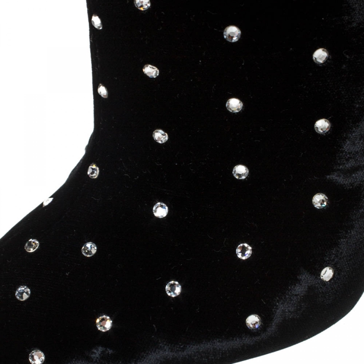 Pre Owned Saint Laurent Black Crystal Embellished Velvet Freja Ankle Boots Size 38