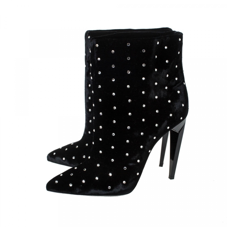 Pre Owned Saint Laurent Black Crystal Embellished Velvet Freja Ankle Boots Size 38