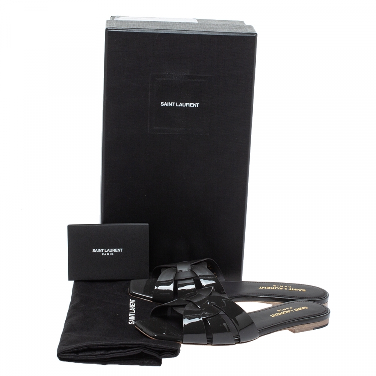 Pre Owned Saint Laurent Paris Dark Grey Patent Leather Tribute Flat Slides Size 36