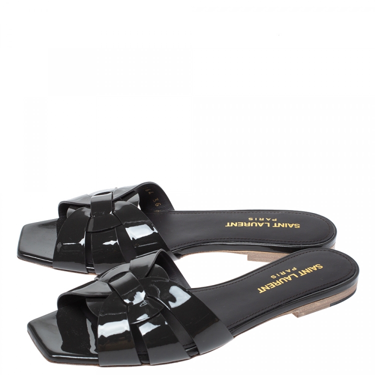 Pre Owned Saint Laurent Paris Dark Grey Patent Leather Tribute Flat Slides Size 36