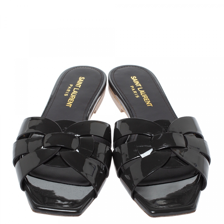 Pre Owned Saint Laurent Paris Dark Grey Patent Leather Tribute Flat Slides Size 36