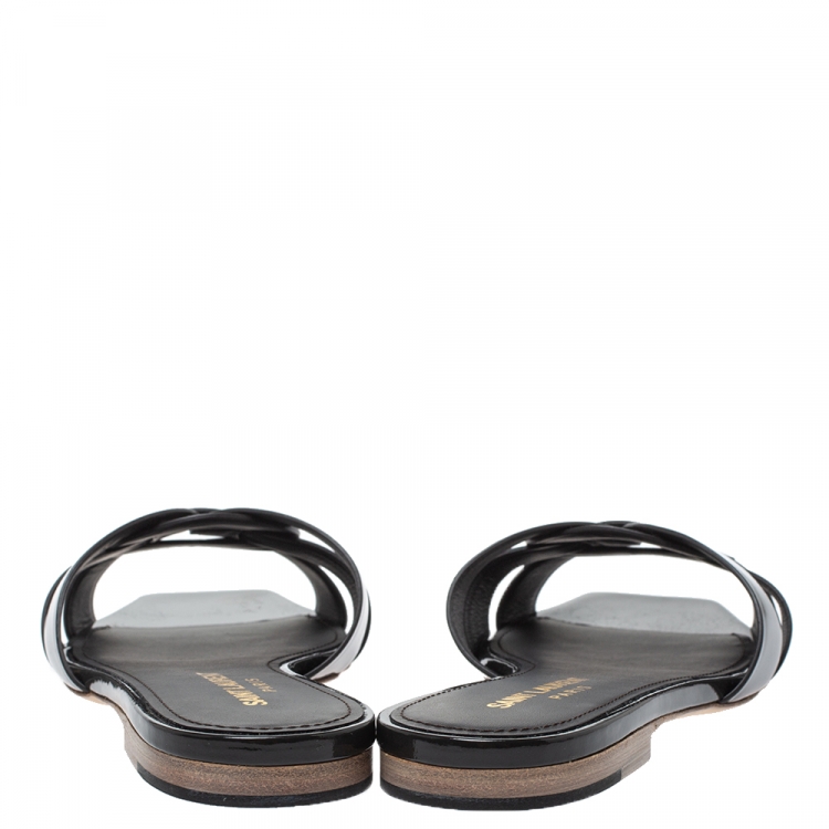 Pre Owned Saint Laurent Paris Dark Grey Patent Leather Tribute Flat Slides Size 36