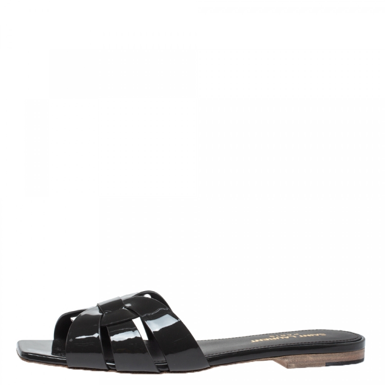 Pre Owned Saint Laurent Paris Dark Grey Patent Leather Tribute Flat Slides Size 36