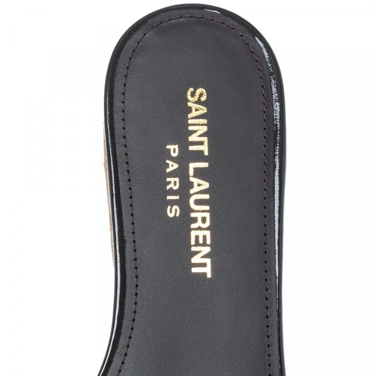 Pre Owned Saint Laurent Paris Dark Grey Patent Leather Tribute Flat Slides Size 36