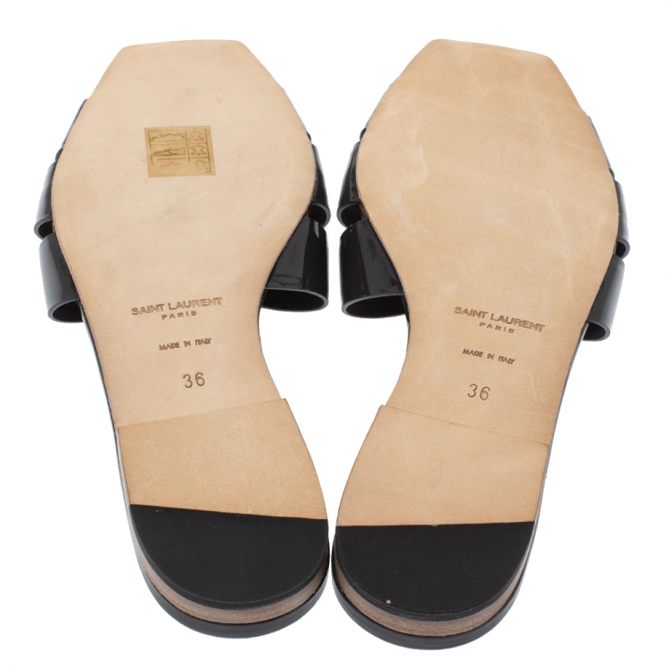 Pre Owned Saint Laurent Paris Dark Grey Patent Leather Tribute Flat Slides Size 36