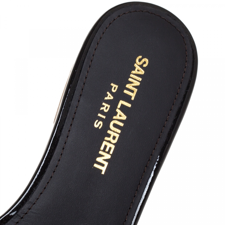 Pre Owned Saint Laurent Paris Dark Grey Patent Leather Tribute Flat Slides Size 37
