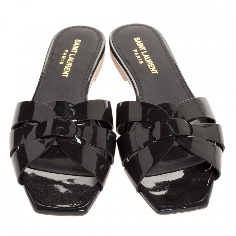 Pre Owned Saint Laurent Paris Dark Grey Patent Leather Tribute Flat Slides Size 37