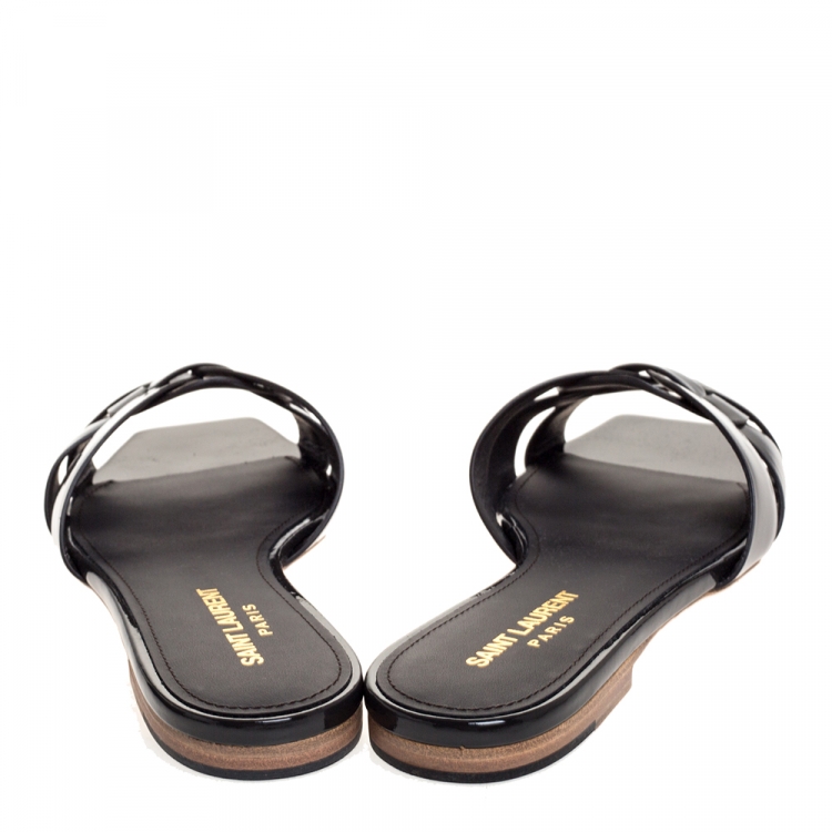 Pre Owned Saint Laurent Paris Dark Grey Patent Leather Tribute Flat Slides Size 37