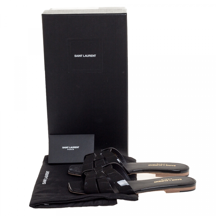 Pre Owned Saint Laurent Paris Dark Grey Patent Leather Tribute Flat Slides Size 37