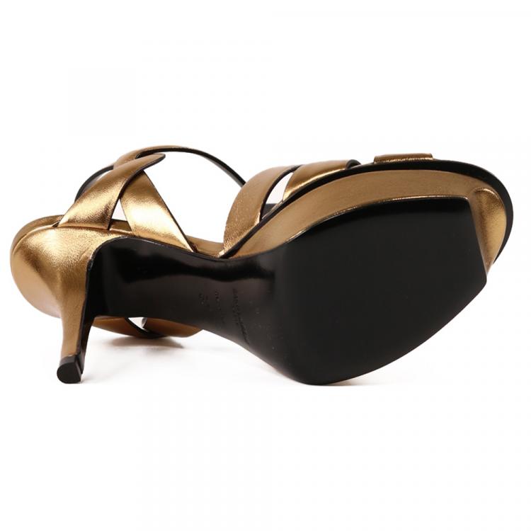 Pre Owned Saint Laurent Gold Leather Tribute high-heel sandals IT 37