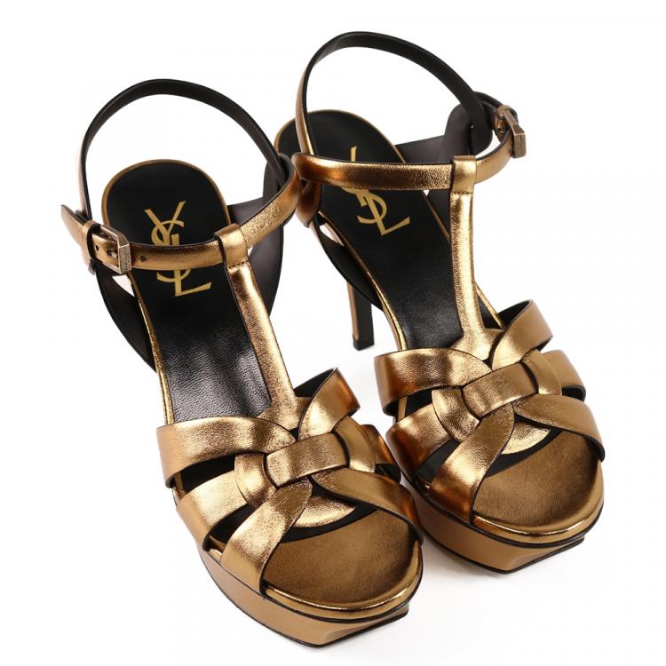 Pre Owned Saint Laurent Gold Leather Tribute high-heel sandals IT 37