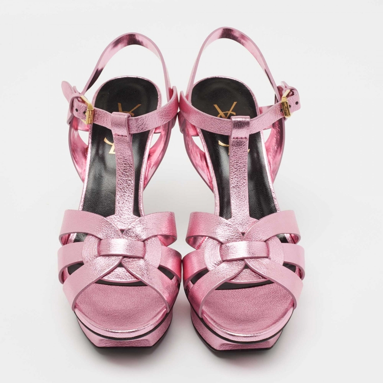 مملوكة مسبقًا Saint Laurent Metallic Pink Leather Tribute Sandals Size 35.5