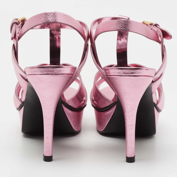 مملوكة مسبقًا Saint Laurent Metallic Pink Leather Tribute Sandals Size 35.5