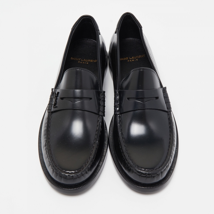 Pre Owned Saint Laurent Paris Black Leather Penny Slip On Loafers Size 38