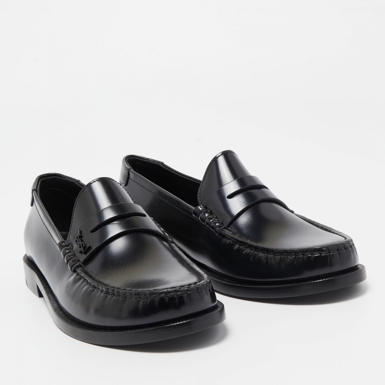 Pre Owned Saint Laurent Paris Black Leather Penny Slip On Loafers Size 38