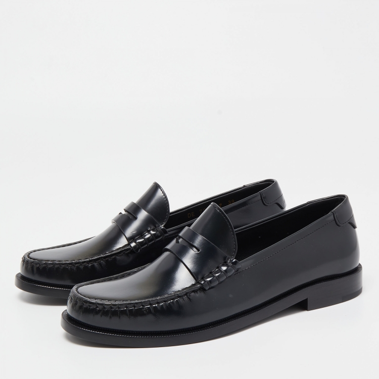 Pre Owned Saint Laurent Paris Black Leather Penny Slip On Loafers Size 38