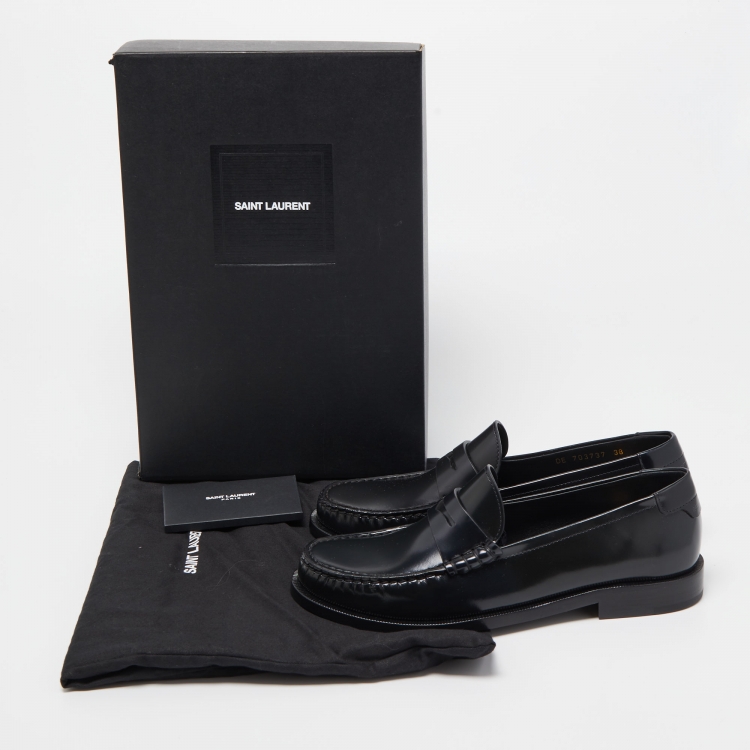 Pre Owned Saint Laurent Paris Black Leather Penny Slip On Loafers Size 38