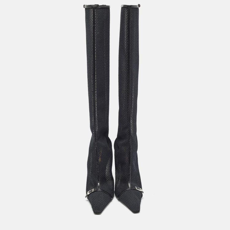 مملوكة مسبقًا Saint Laurent Black Mesh and Leather Knee Length Boots Size 39