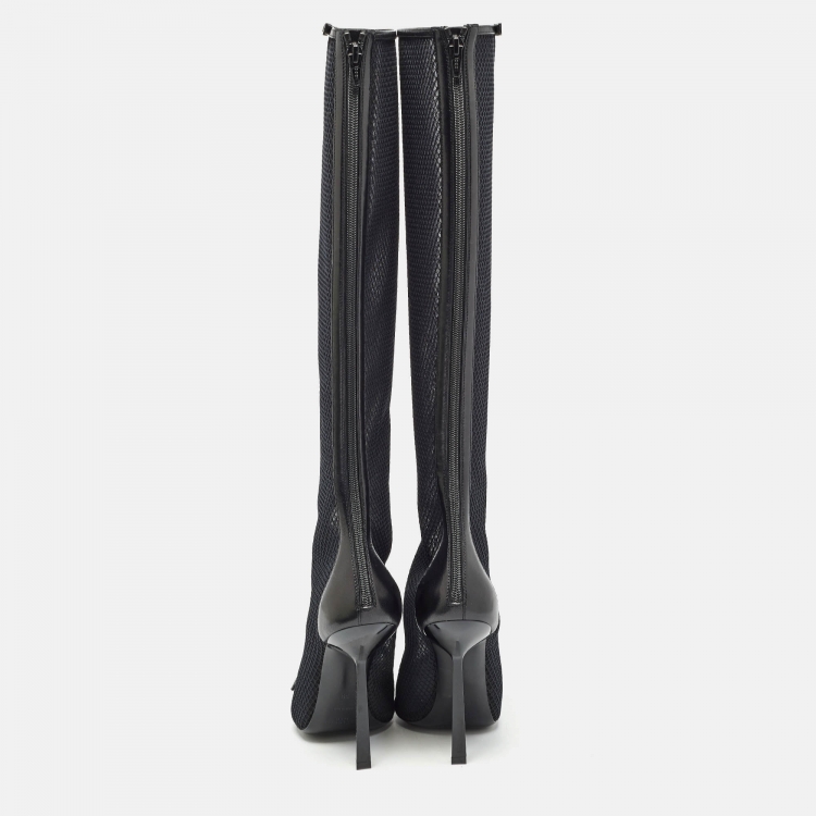 مملوكة مسبقًا Saint Laurent Black Mesh and Leather Knee Length Boots Size 39