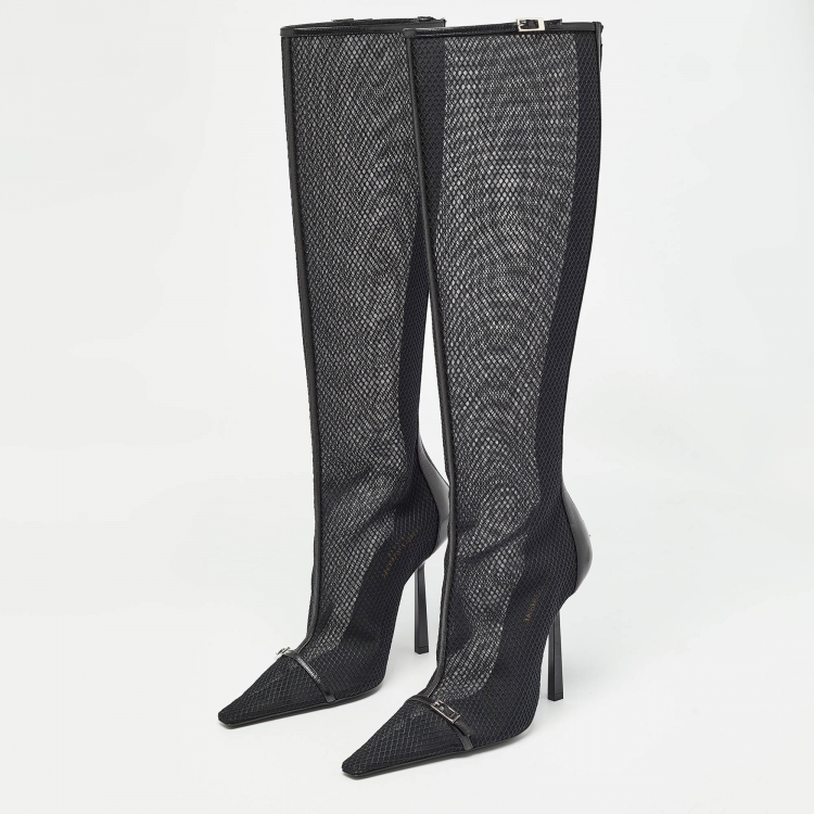 مملوكة مسبقًا Saint Laurent Black Mesh and Leather Knee Length Boots Size 39