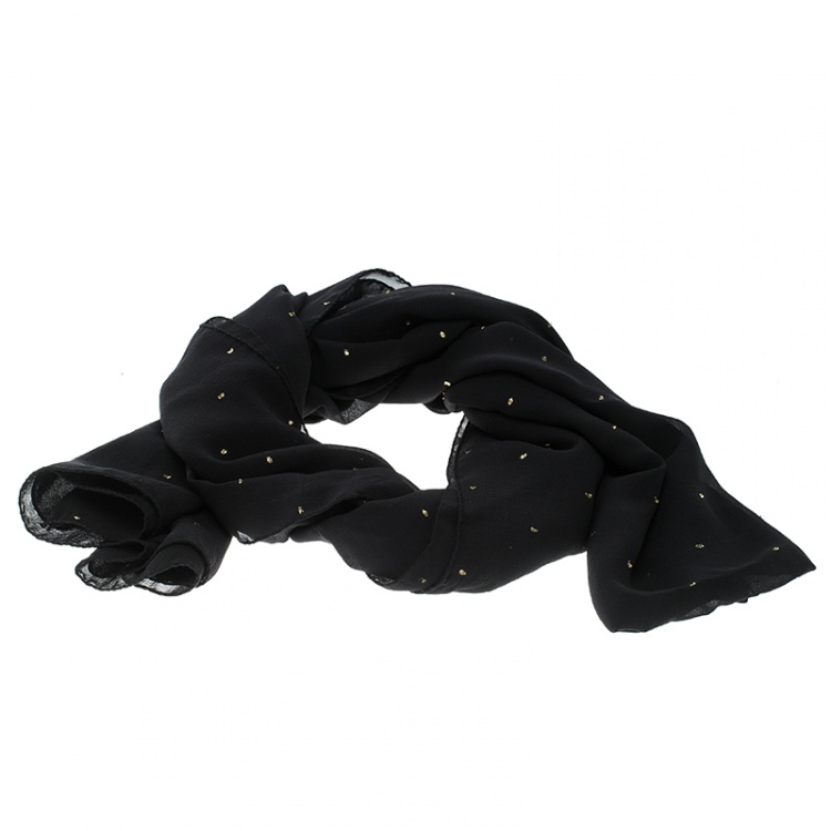 Pre Owned Saint Laurent Paris Black Silk Chiffon Metallic Dot Stole