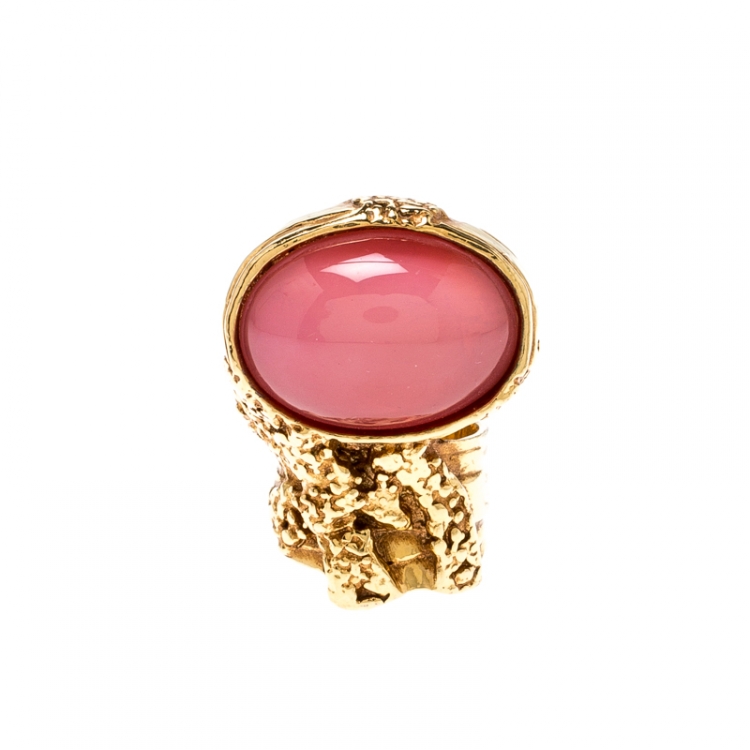 Saint Laurent Arty Pink Glass Cabochon Gold Tone Ring Size 54 Saint Laurent Paris The Luxury