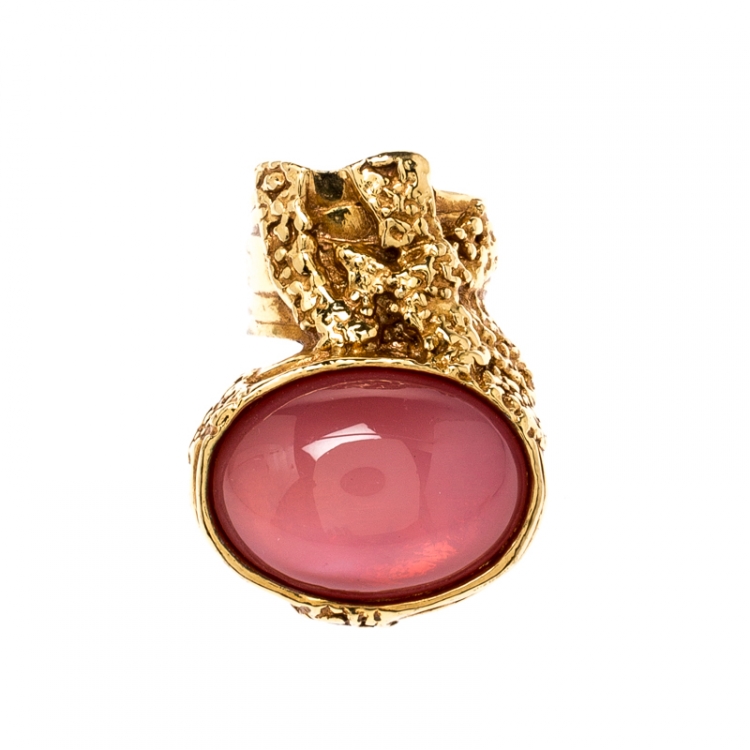 Saint Laurent Arty Pink Glass Cabochon Gold Tone Ring Size 54 Saint Laurent Paris The Luxury