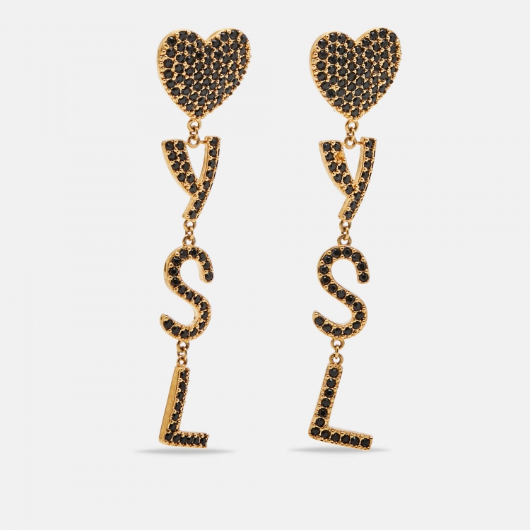 Pre Owned Saint Laurent Paris Crystals Gold Tone Earrings