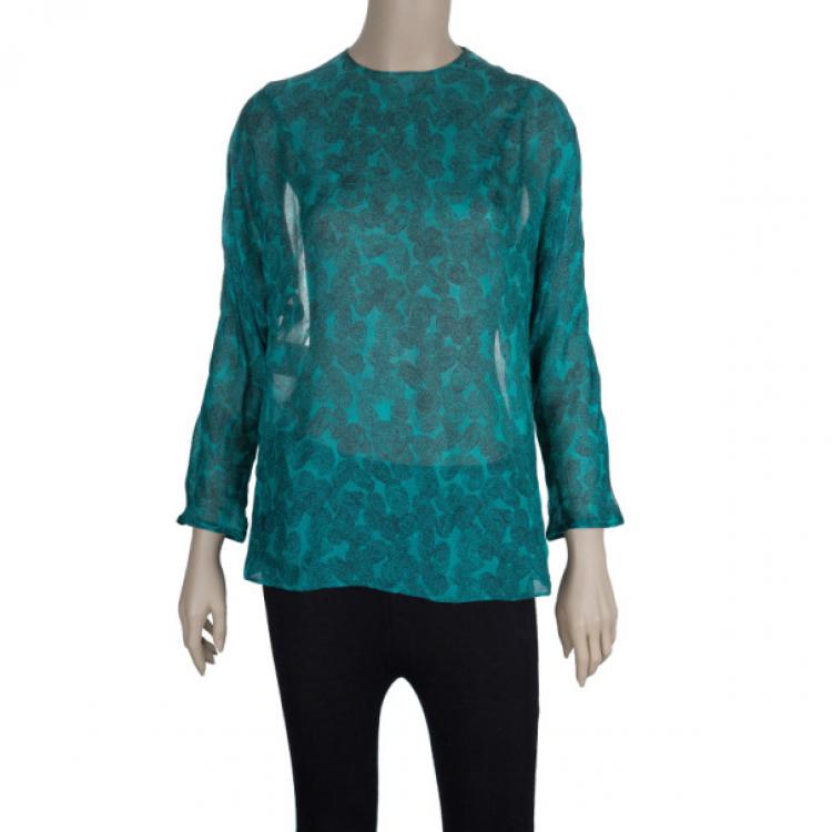Pre Owned Saint Laurent Paris Green Finger Print Silk Top M