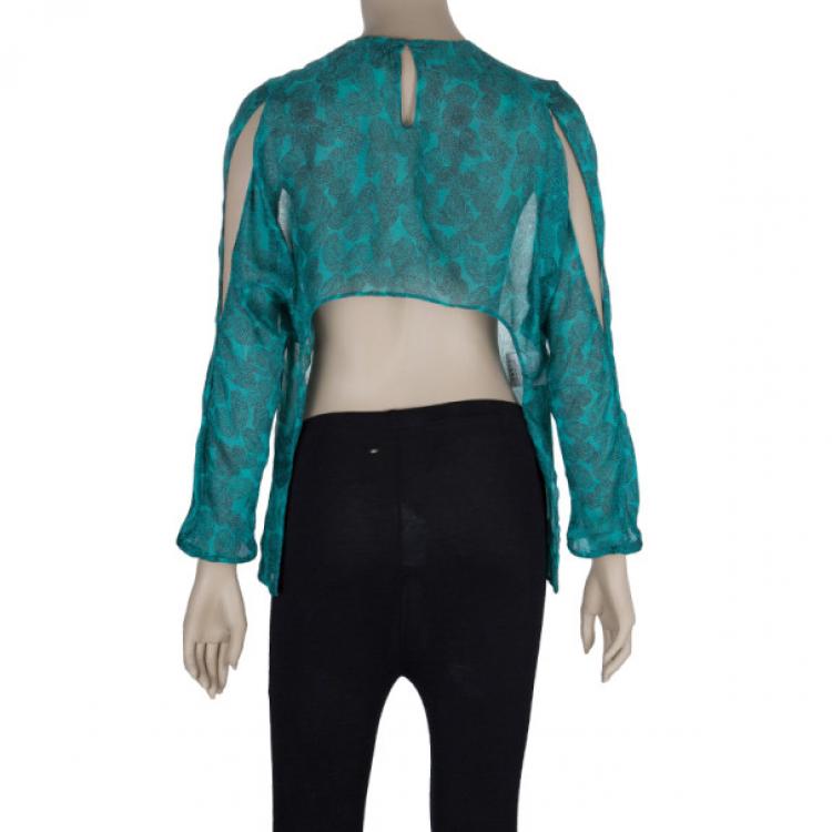 Pre Owned Saint Laurent Paris Green Finger Print Silk Top M