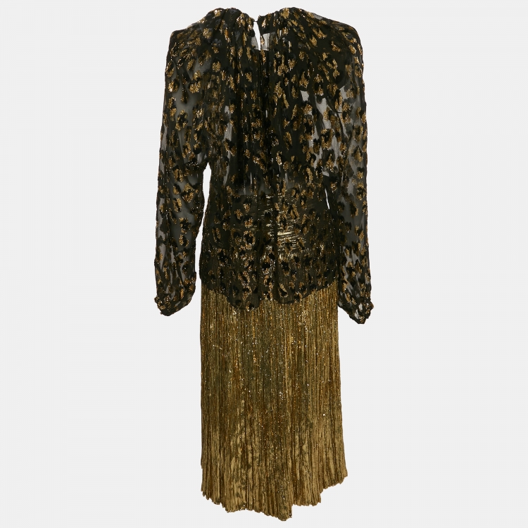 Pre Owned Saint Laurent Black/Gold Fil Coupe and Lurex Blouse and Pleated Midi Skirt Set M/S