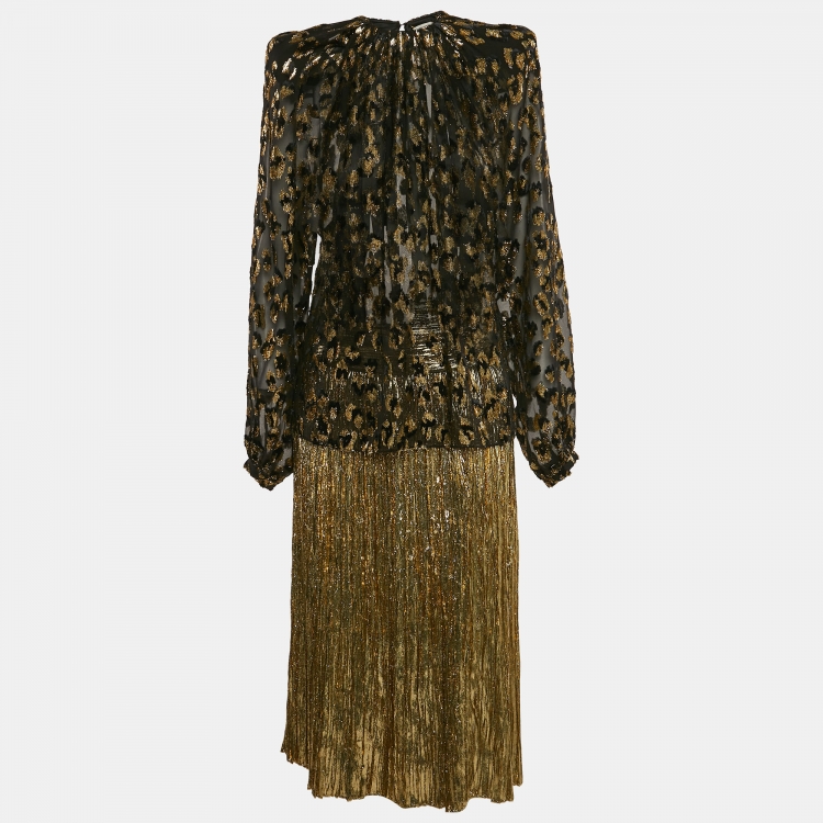 Pre Owned Saint Laurent Black/Gold Fil Coupe and Lurex Blouse and Pleated Midi Skirt Set M/S