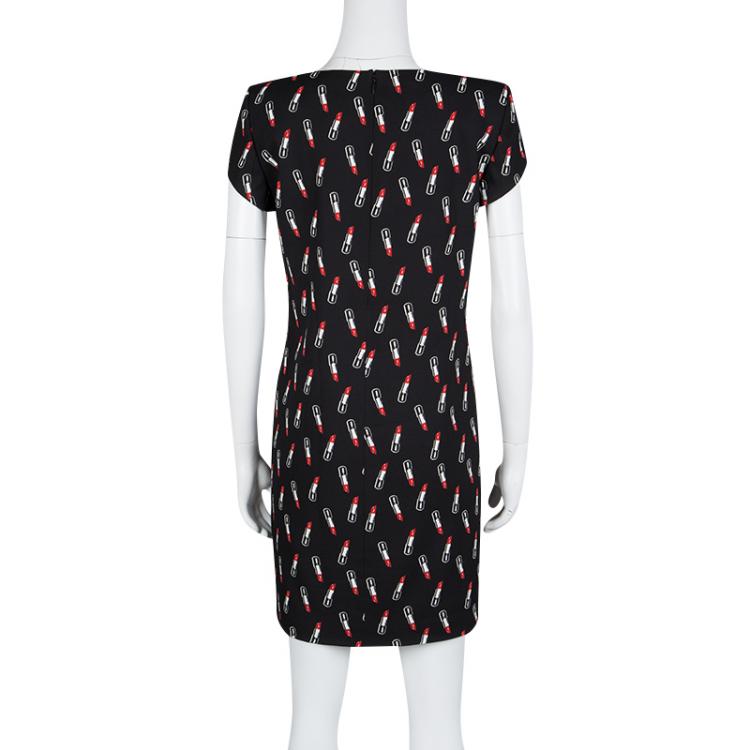 Pre Owned Saint Laurent Paris Black Lipstick Print Cap Sleeve Shift Dress S