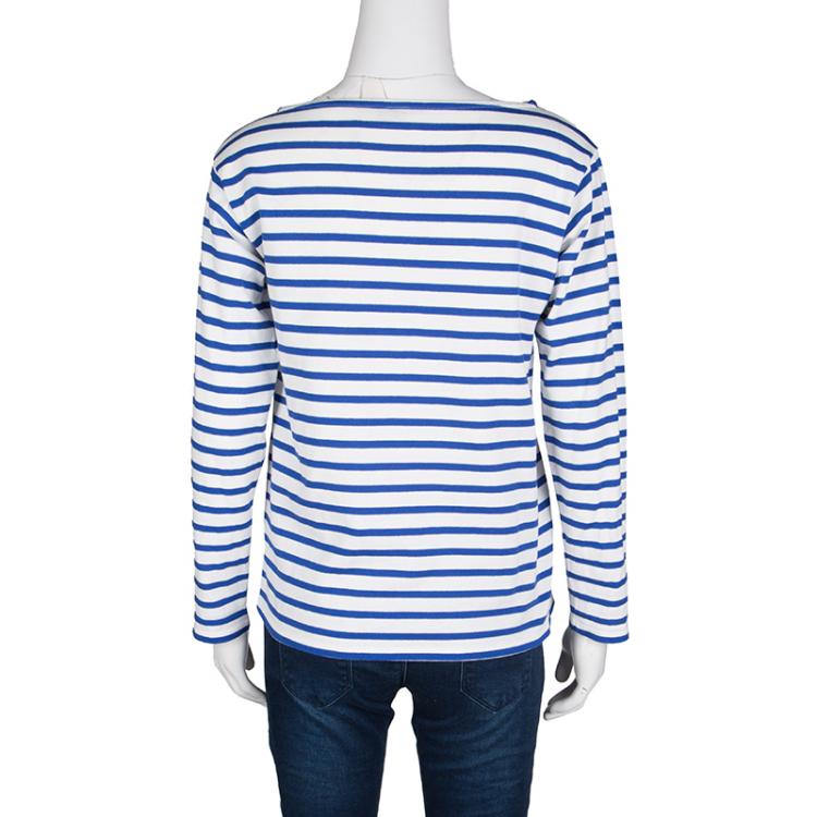 Pre Owned Saint Laurent Paris Blue and White Striped Cotton Knit Long Sleeve Top M
