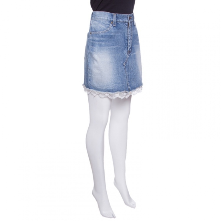 Pre Owned Saint Laurent Paris Blue Faded Effect Denim Fringed Lace Hem Detail Skirt M