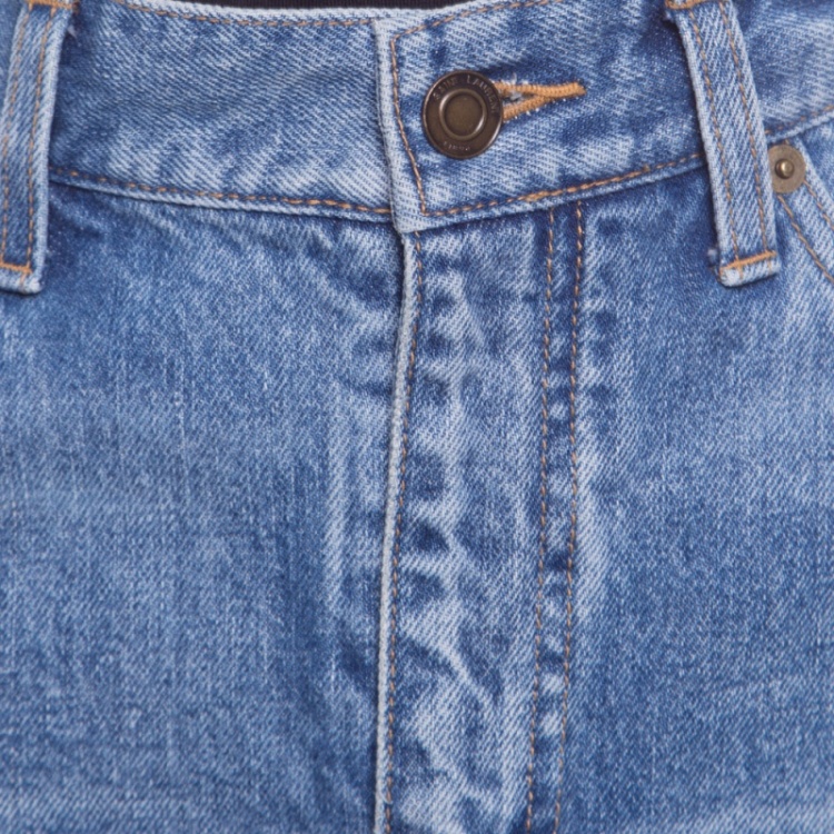 Pre Owned Saint Laurent Paris Blue Faded Effect Denim Fringed Lace Hem Detail Skirt M