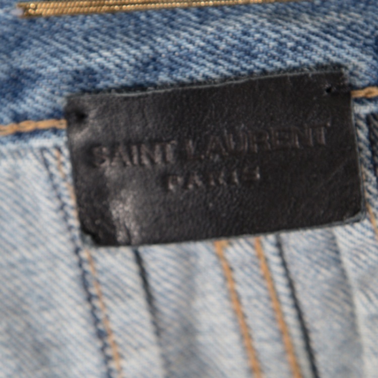 Pre Owned Saint Laurent Paris Blue Faded Effect Denim Fringed Lace Hem Detail Skirt M