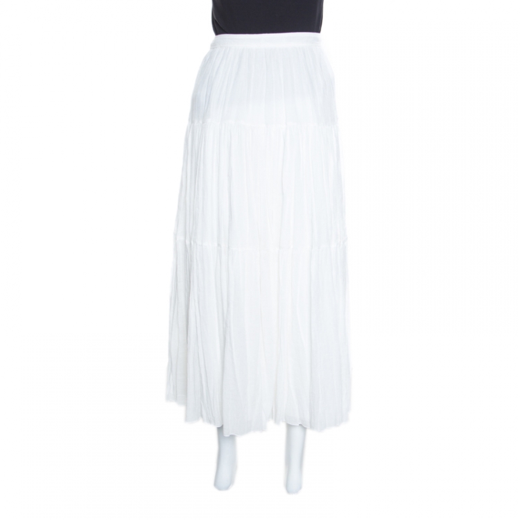 Pre Owned Saint Laurent Paris White Crinkled Cotton Tiered Midi Skirt L