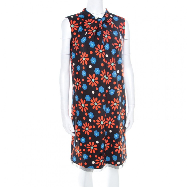 Pre Owned Saint Laurent Paris Black Floral Print High Neck  Draped Front Sleeveless Dress M