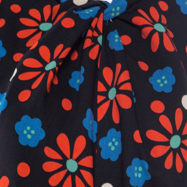 Pre Owned Saint Laurent Paris Black Floral Print High Neck  Draped Front Sleeveless Dress M