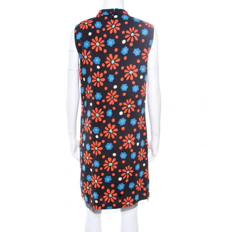 Pre Owned Saint Laurent Paris Black Floral Print High Neck  Draped Front Sleeveless Dress M