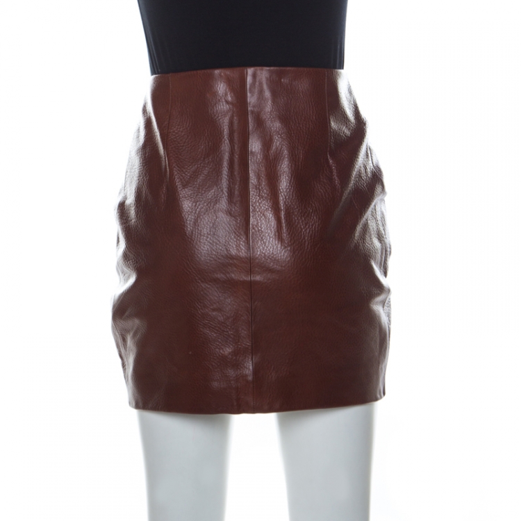 Pre Owned Saint Laurent Paris Brown Leather Ruched Ruffle Detail Mini Skirt S